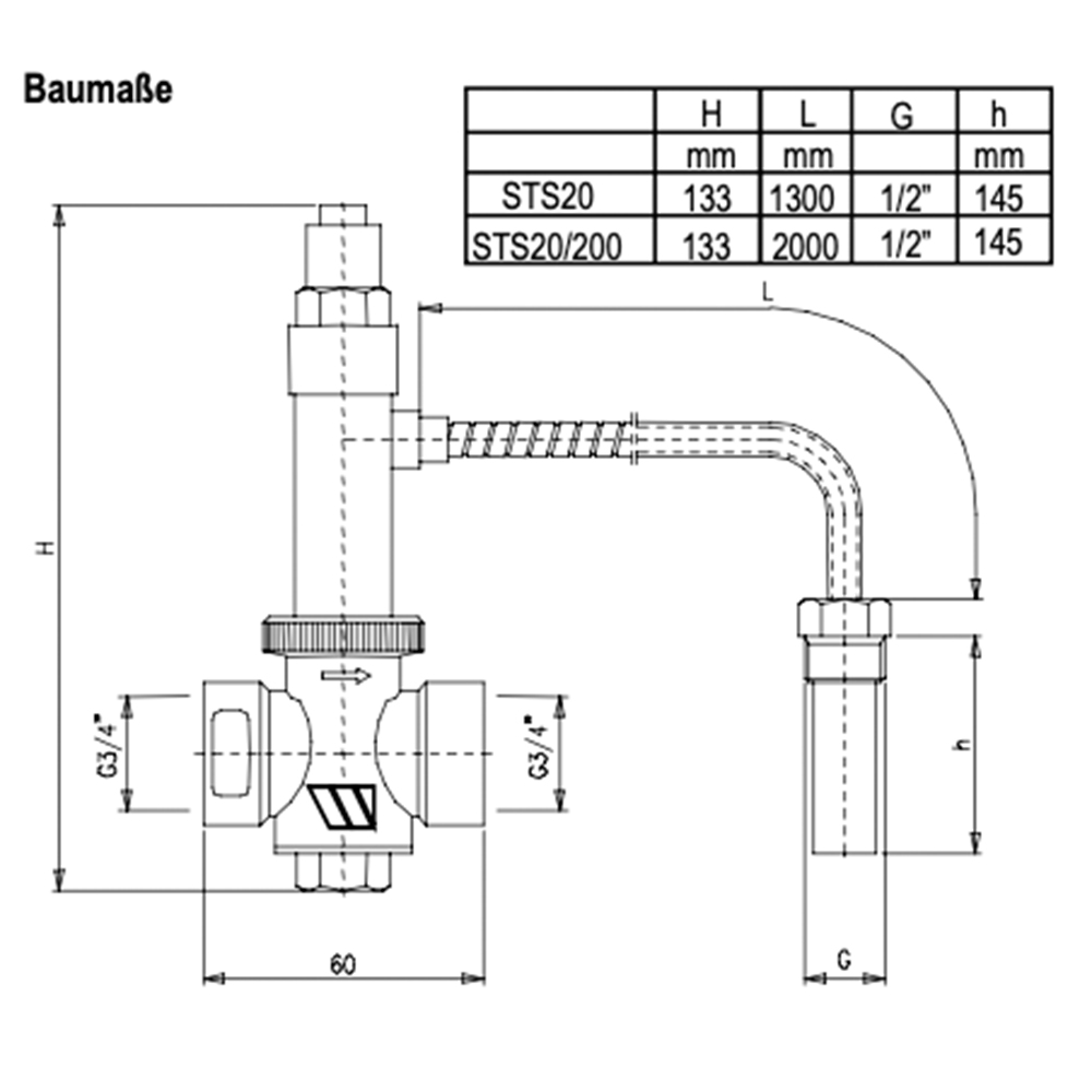 3/4" Thermische Ablaufsicherung STS20 Kapillarrohr 130 / 200 / 400 cm Sicherheitsventil Kessel