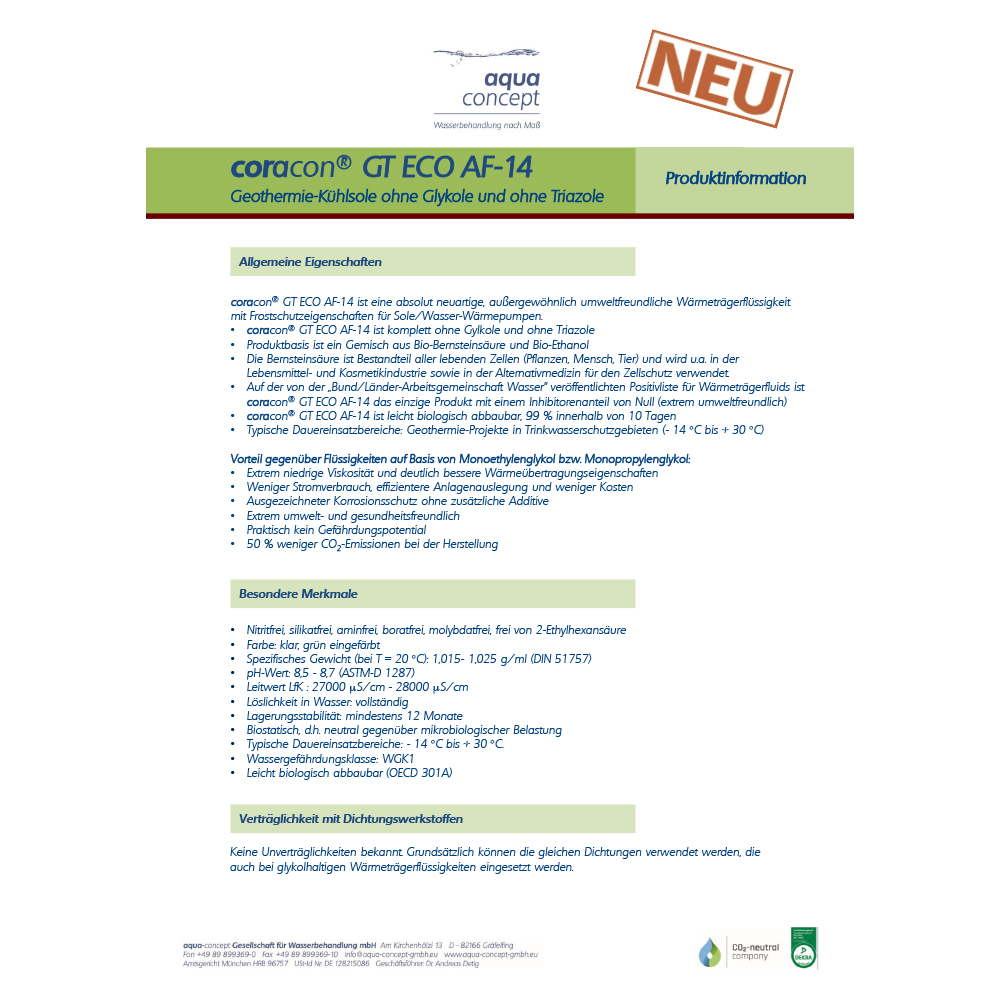 20 Liter Wärmeträgerfluid für Wärmepumpen Coracon® GT ECO AF-14 Nahwärmenetze Geothermieanlagen
