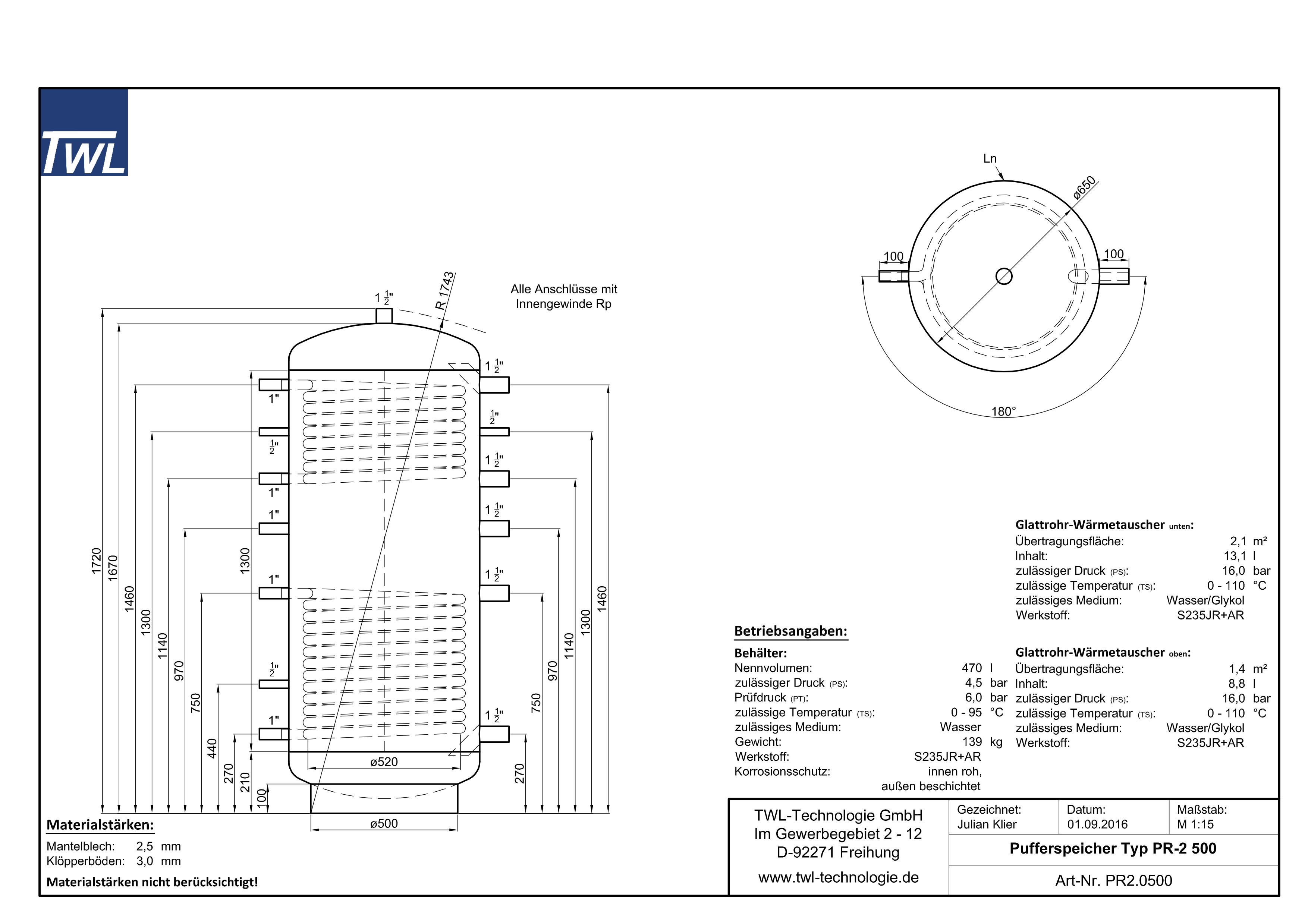 PR2-0500-Datenblatt TWL Pufferspeicher PR2 500 Liter - ÖkoLine-C Isolierung