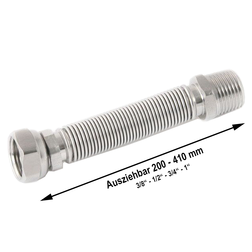0591506-v Edelstahl Wellrohr dehnbar IG/AG – 200–410 mm 3/8“ - 1/2“ - 3/4“ - 1“ Flexibles Anschlussrohr für Heizung, Solar & Sanitär, Formstabil, temperaturbeständig, druckfest, inkl. Dichtung