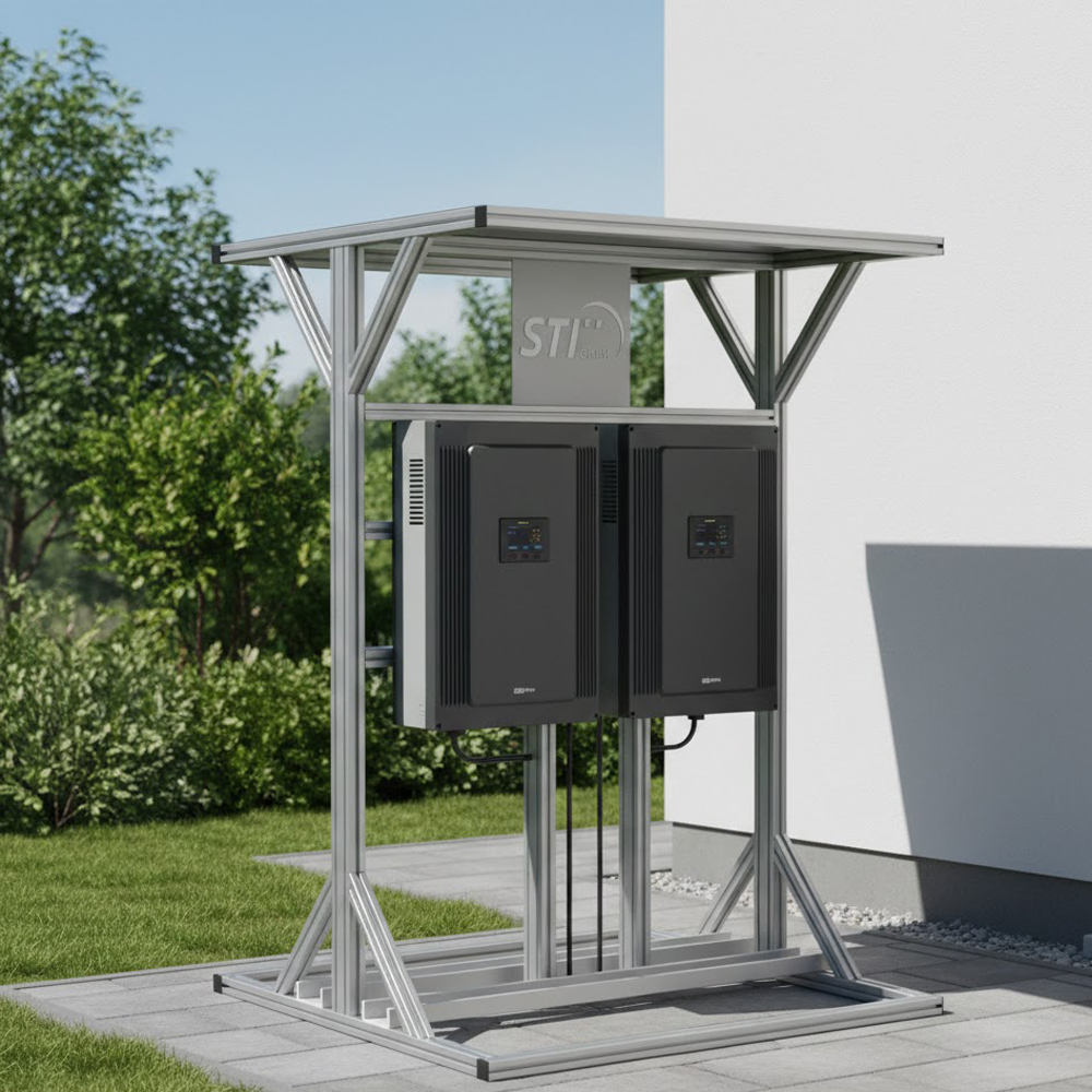Wechselrichterunterstand DUO – Offene Aluminium-Schutzkonstruktion mit Dach für zwei Wechselrichter, stabiler Profilrahmen, modular erweiterbar
