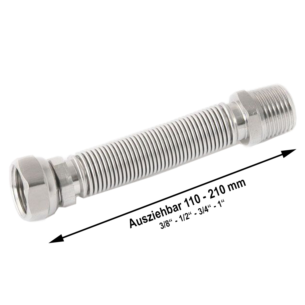 0591504-v Edelstahl Wellrohr Solarrohr ausziehbar IG/AG 110-210 mm 3/8" 1/2" 3/4" 1"