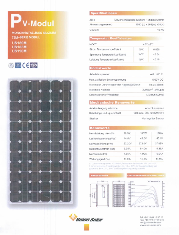 Union Solar US190M – Monokristallines Solarmodul - BWare - NUR Abholung 0% MwSt.