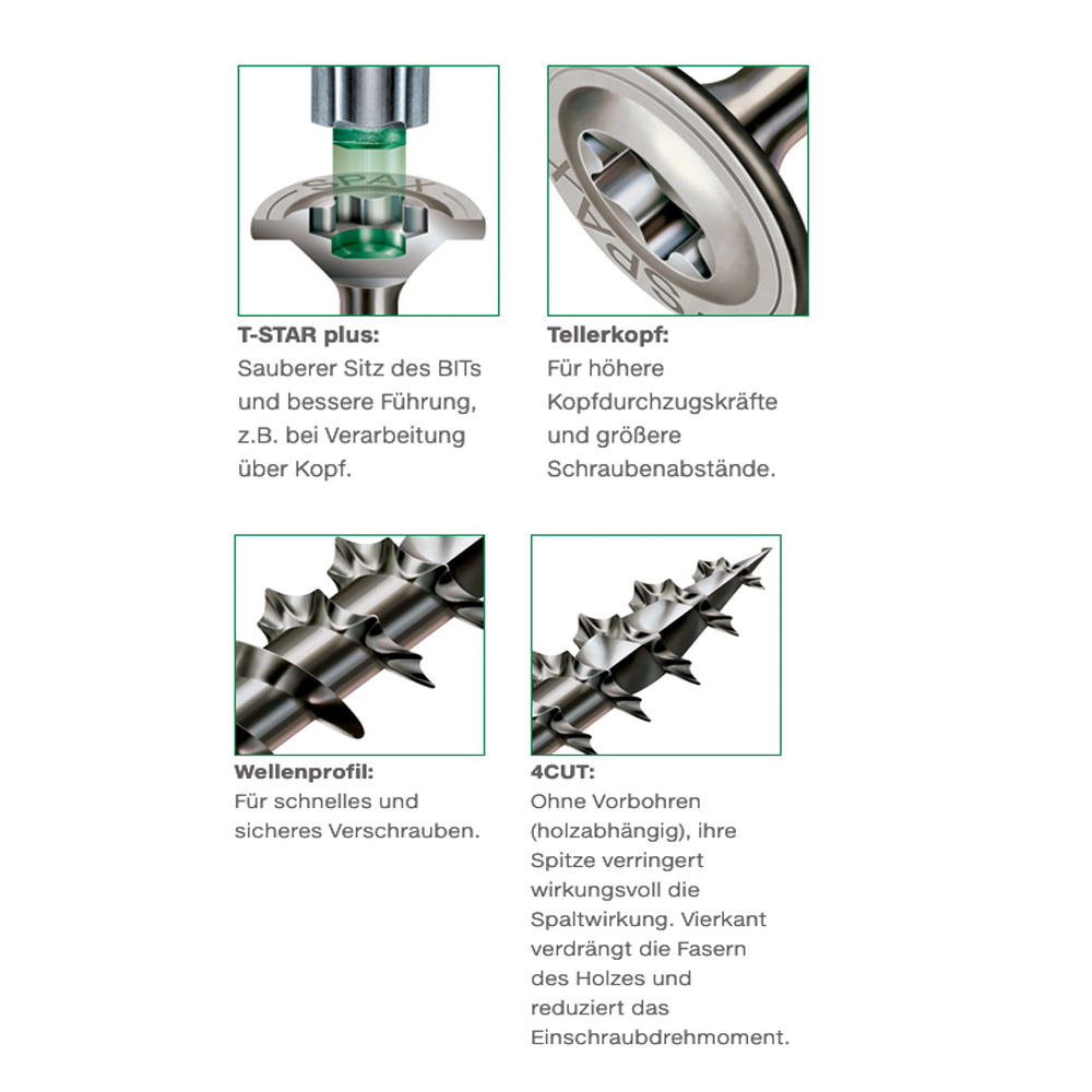 943208-06 Tellerkopf Schraube Teilgewinde T-STAR plus T40 A2 Edelstahl rostfrei 4CUT 8 x 80/100/120 mm