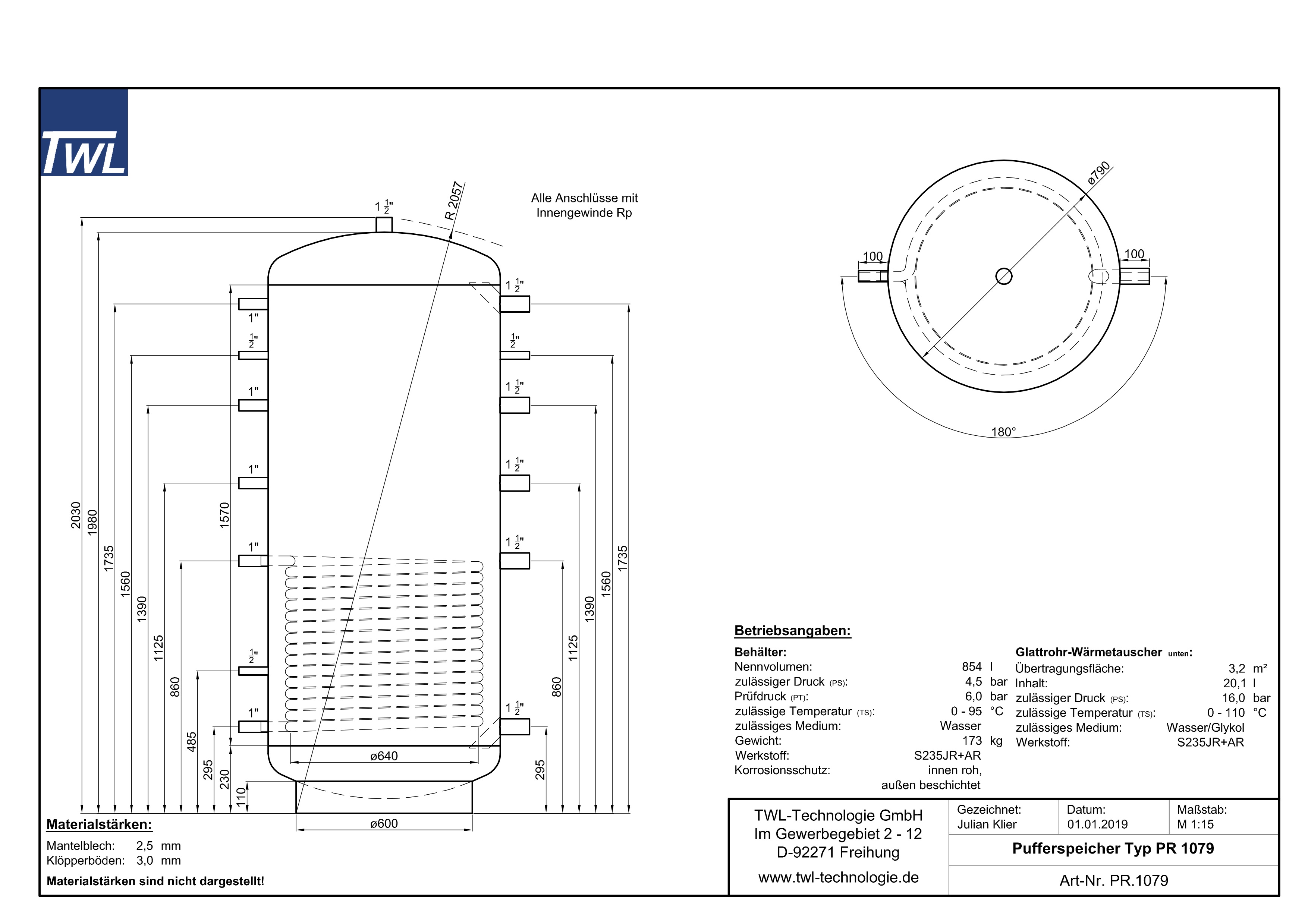 PR-1079-datenblatt TWL Pufferspeicher PR 1000 Liter - ÖkoLine-B Isolierung - Ø 79cm