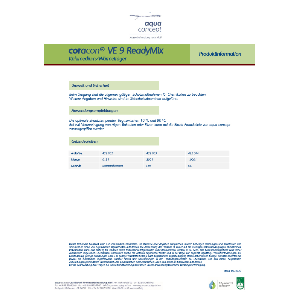 coracon® VE 9 ReadyMix – Gebrauchsfertiges Heizungswasser VE-Basis Korrosionsschutz VDI 2035 konform für salzarme Fahrweise