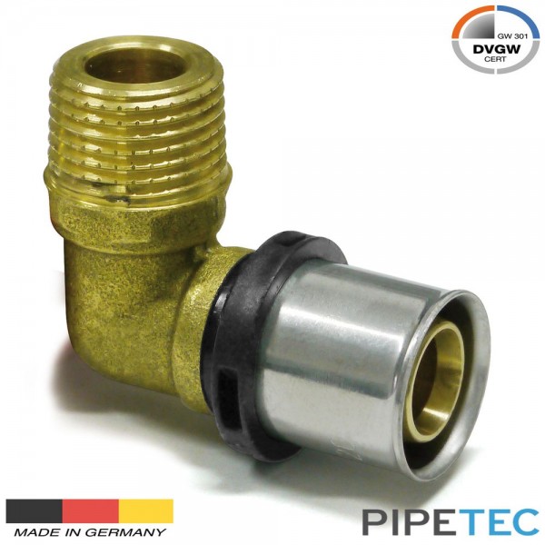 Pipetec Press-Übergangswinkel Außengewinde 20x2mm - 1/2" DVGW, TH Pressfitting